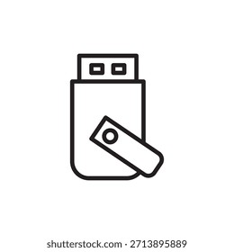 Ícone de linha mínimo de uma unidade USB que representa armazenamento portátil e transferência de dados. Ideal para aplicativos, sites, projetos de tecnologia e ilustrações comerciais.