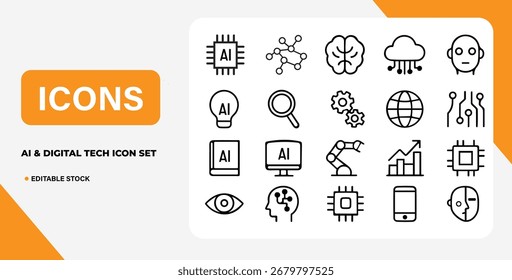 Minimal Line Icons for AI, Machine Learning and Digital Innovation Artificial Intelligence, Robotics and Cloud Computing Vector Icon Set Data Technology Outline Icons