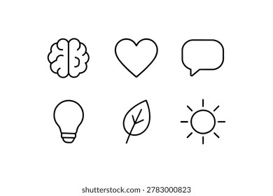 Minimal line icons: brain, heart, chat, bulb, leaf, sun.