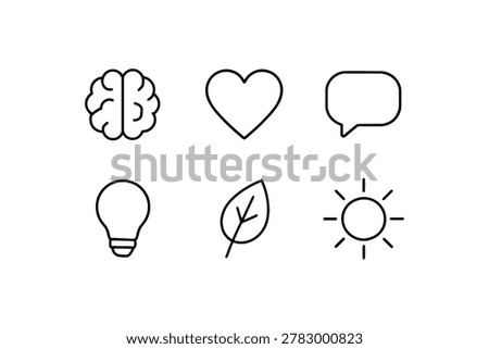 Minimal line icons: brain, heart, chat, bulb, leaf, sun.