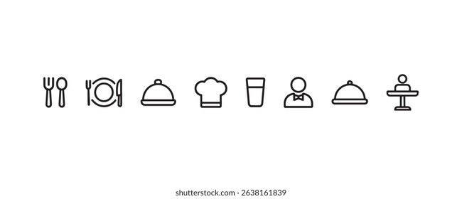 Minimal line icons of dining and catering elements.