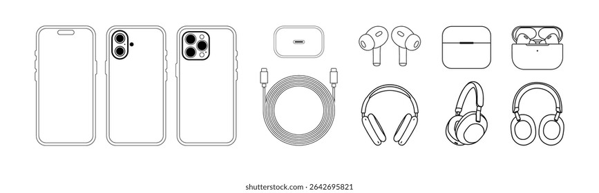 Minimal Line Icons of iPhone 16 and Apple Gadgets