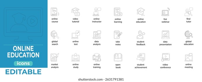 
Minimal line icons for online learning, e-courses, and virtual study
