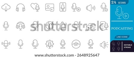 Minimal line icons for podcasting and audio content creation. Includes mic, headphones, sound, playlist, notification, and waveform symbols. Perfect for digital media.
