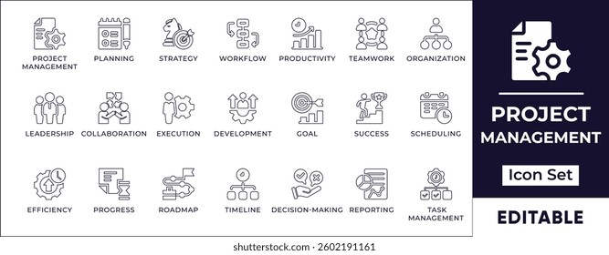 Minimal line icons representing project management, business strategy, workflow, productivity, planning, task management, deadlines, and teamwork.
