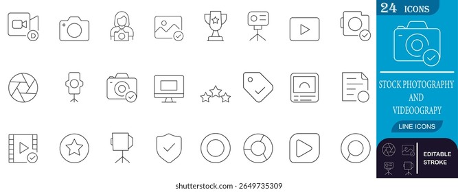 Minimal line icons representing stock photography, videography, image editing, shooting, rating, camera gear, media production, and content creation tools.