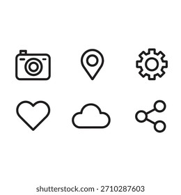 Minimal Line Icons Set – Camera, Location Pin, Settings Gear, Heart, Cloud, Share Symbol | Thin Stroke UI UX Icon Pack