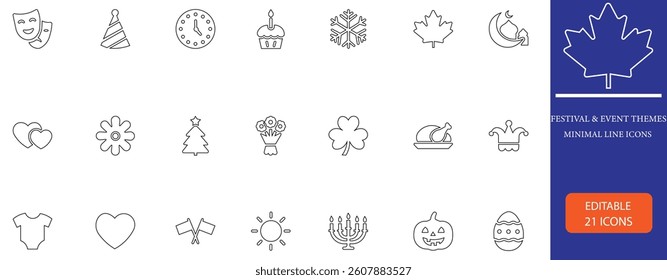 Minimal line icons set featuring 21 editable designs themed on festivals, holidays, and events. Perfect for  web, print, or greeting projects. Clean and modern line style.
