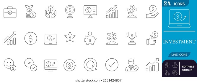 Conjunto mínimo de iconos de línea con inversión, crecimiento financiero y conceptos de gestión de dinero. Perfecto para fintech, presentaciones, App y gráficos de marketing.