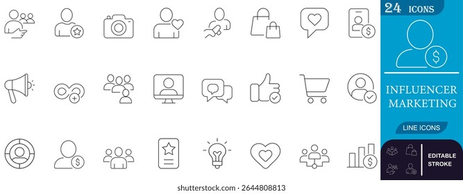 Minimal line icons set focused on influencer marketing, social media engagement, content promotion, and ecommerce—ideal for branding, digital ads, and UI design.