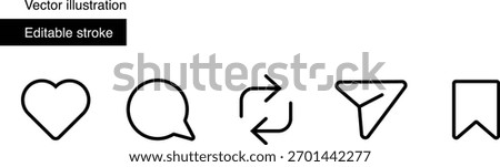 Minimal line icons set – heart, comment, refresh, send, bookmark, editable stroke