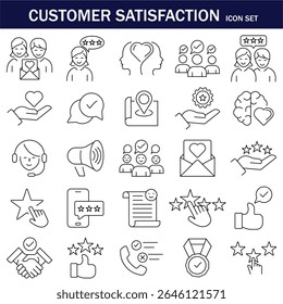 Minimal line icons set representing customer satisfaction, including feedback, reviews, support, ratings, and loyalty. Perfect for UX, marketing, CRM, and service design.