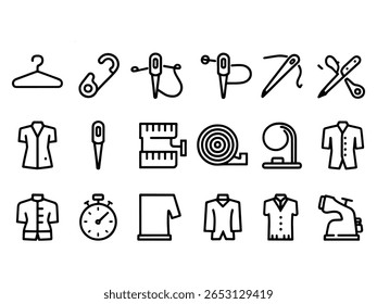 Minimal Line Icons Set of Tailoring and Sewing Tools ,Vector Fashion Design Elements.