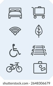 Minimal Line Icons Set for Travel and Transport. Bed, Suitcase, WiFi, Nature Leaf, Wheelchair Access, Railway Track, Bicycle, and Baggage. Clean Thin Stroke Symbols for Mobile UI, Web, and Print.