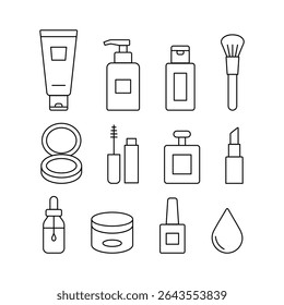 Ícones de linha mínimos de produtos de maquiagem e cuidados com a pele - conjunto de beleza cosmética. Ideal para blogs de beleza, design de embalagem de cuidados com a pele, identidade da marca cosmética, catálogos de produtos e promoções de spa. 