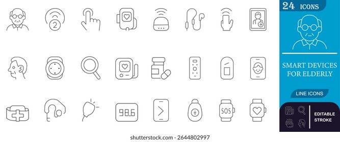Minimal line icons of smart wearable and assistive devices designed for elderly care—perfect for medical apps, healthcare UI, and senior-friendly technology visuals.