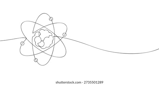Ilustração em linha mínima de um átomo com elétrons em órbita, simbolizando física, ciência, estrutura atômica, energia e partículas fundamentais.