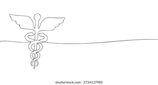 Minimal line illustration of the caduceus, a winged staff with two intertwined snakes, symbolizing medicine, healthcare, communication, and medical services.