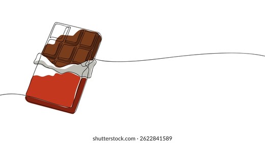 Minimal line illustration of a chocolate bar partially unwrapped in red and white foil, symbolizing sweet treats and packaging concepts.  
