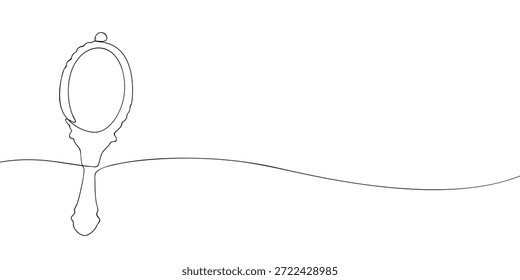 Ilustração de linha mínima de um espelho portátil com uma moldura oval e punho decorativo, adequado para beleza, grooming, e conceitos de cuidados pessoais.