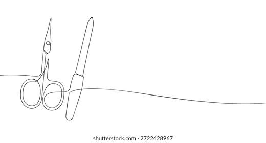 Ilustração de linha mínima de tesoura de unhas e um arquivo de unhas, ferramentas essenciais para manicura e pedicure usado para aparar a forma e alisar as unhas das mãos e dos pés.