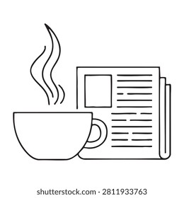 Minimal line illustration of a steaming coffee cup beside a newspaper, ideal for morning routine, cafe lifestyle, breakfast and editorial concepts.