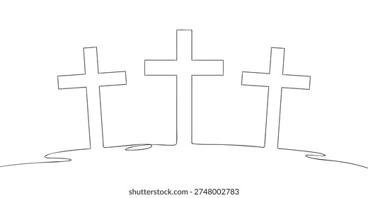 Minimal line illustration of three crosses on a hill, symbolizing the crucifixion of Jesus Christ, easter, faith, sacrifice, salvation, and Good Friday.