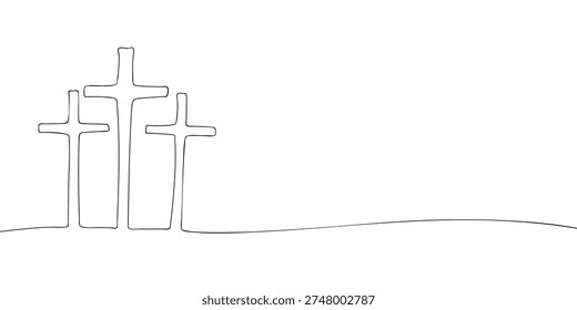 Minimal line illustration of three crosses on a hill, symbolizing the crucifixion of Jesus Christ, faith, sacrifice, and Christian devotion.