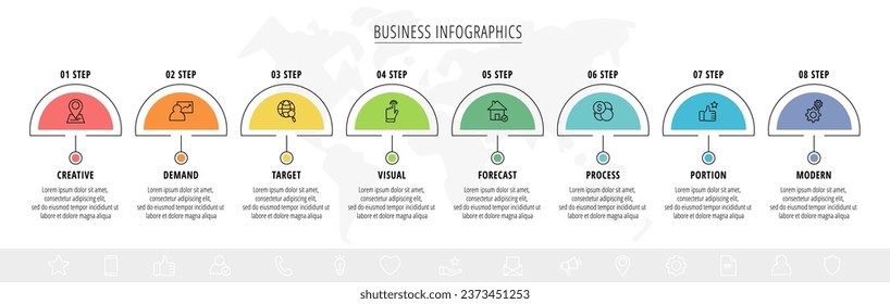 Minimal line infographics. Vector business concept of 8 steps by step, options, labels. Flat template with two ways for chart, diagram, flowchart, app, flowchart