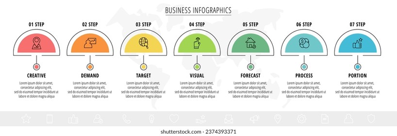 Minimal line infographics. Vector business concept of 7 steps by step, options, labels. Flat template with two ways for chart, diagram, flowchart, app, flowchart