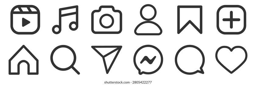 Minimal line interface icon set for media and navigation on transparent background