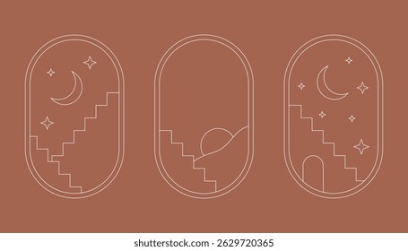Minimal line landscape frame. Geometric nature scene with staircase abstract elements, esoteric mystic contemporary art. Vector modern border set.
