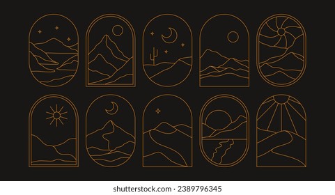 Minimal line landscape frame. Trendy linear bohemian windows desert mountain moon sun for logo tattoo. Vector boho set