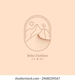 Minimal line landscape frame. Trendy linear bohemian windows desert mountain moon sun for logo tattoo. Vector boho	