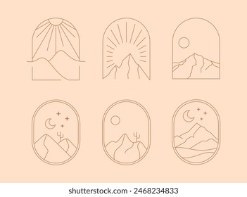 Marco de paisaje de línea mínima. Moda lineal bohemia ventanas desierto luna de montaña sol para el tatuaje del logotipo. Vector boho set	