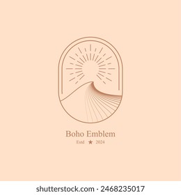 Minimal line landscape frame. Trendy linear bohemian windows desert mountain moon sun for logo tattoo. Vector boho	