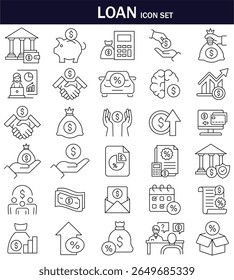 Minimal line loan icon set: banking, savings, credit, finance, interest rate, handshake, money bag, calculator, and growth icons for web, app, or presentation use.