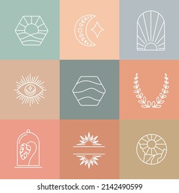 Minimale Logos Kollektion. Sonnenuntergang und Wellen. Blumenrahmen und Mondphasen. Boho Schilder. Elegante Abzeichen für die Markendarstellung von Unternehmen. Bearbeitbarer Strich. Vektorgrafik