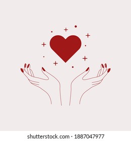 Minimal Line Love Hands Logo. Abstract Heart Female Outline Hands, Self Care Tattoo Design Beauty Sticker. Vector Illustration