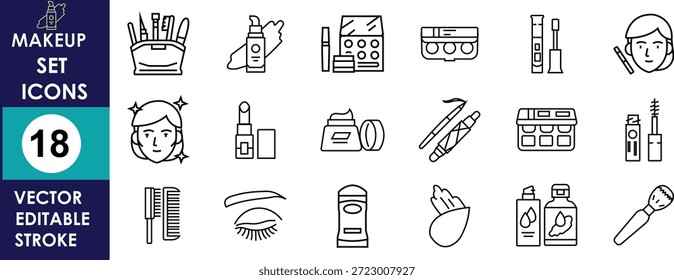 Conjunto de iconos de maquillaje de línea mínima con herramientas de cosméticos, pinceles, paletas, lápiz labial, rímel, botellas de cuidado de la piel y accesorios, adecuado para App de belleza, marca y diseño de Vector
