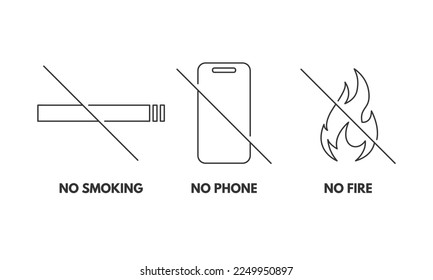 Minimal line No smoking, No phone, No fire with slash, Outline symbol collection, Not allowed symbol