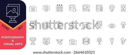 Minimal line photography and visual arts icon set featuring camera, editing tools, palette, tripod, and award symbols — perfect for creative projects and media design.
