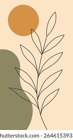 Minimal line plant with orange sun and green shape on beige background. Perfect for modern boho interiors