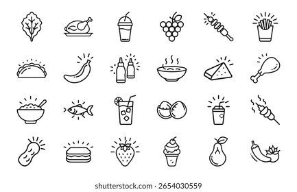 Estilo de Linha Mínimo Comida Conjunto de Ícones com Frutas, Vegetais, Bebidas, Lanches, Carne, Grãos e Condimentos em um fundo branco para restaurantes e projetos com temas de nutrição