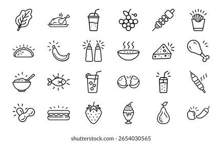 Estilo de Linha Mínimo Comida Conjunto de Ícones com Frutas, Vegetais, Bebidas, Lanches, Carne, Grãos e Condimentos em um fundo branco para restaurantes e projetos com temas de nutrição