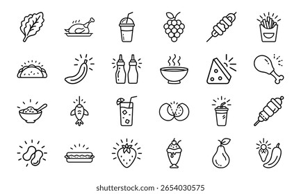 Minimal Line Style Food Icon Set Featuring Fruits, Vegetables, Drinks, Snacks, Meat, Grains, and Condiments on a White Background for Restaurant and Nutrition-Themed Designs