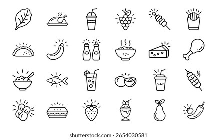 Minimal Line Style Food Icon Set Featuring Fruits, Vegetables, Drinks, Snacks, Meat, Grains, and Condiments on a White Background for Restaurant and Nutrition-Themed Designs
