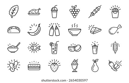 Minimal Line Style Food Icon Set Featuring Fruits, Vegetables, Drinks, Snacks, Meat, Grains, and Condiments on a White Background for Restaurant and Nutrition-Themed Designs