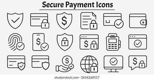Iconos de pago seguro de estilo de línea mínimo: símbolos de Vector limpio para comercio electrónico, transacciones seguras, banca en línea y Completar compra digital