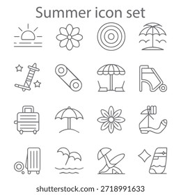Minimal Line Sommer Icon Set mit Strand, Sonne, Cocktail und Reisesymbolen für Urlaub, Urlaub, Web Design Projekte Kollektion

